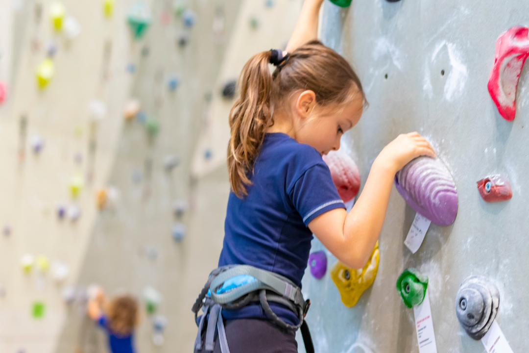 Girl in blue shirt rock climbing